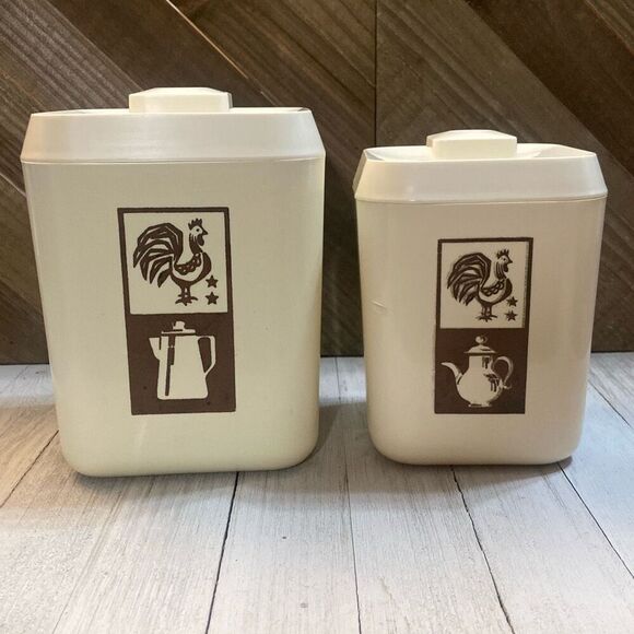 Set of 2 Vintage MCM Lustro-Ware Rooster Nesting Kitchen Canisters Brown Cream - Picture 1 of 12